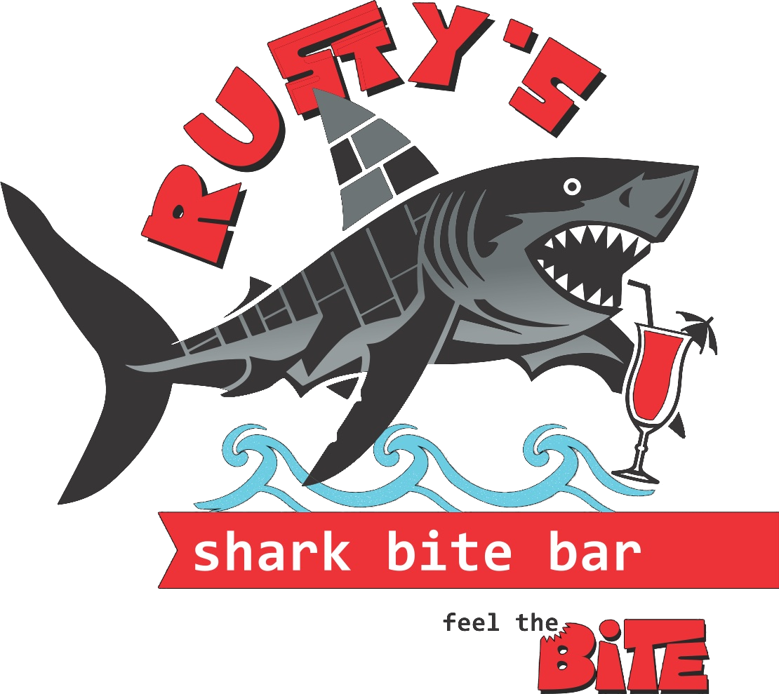 Rusty's Shark Bite Bar logo: a rusty metal shark mascot wearing a tiki-thatch fin, holding a red cocktail, with waves and a shark bite bar ribbon below